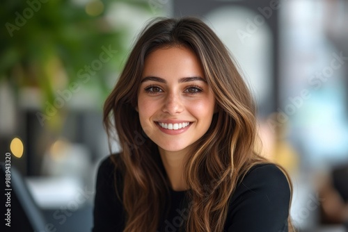 Happy confident businesswoman in office looking at camera, Generative AI