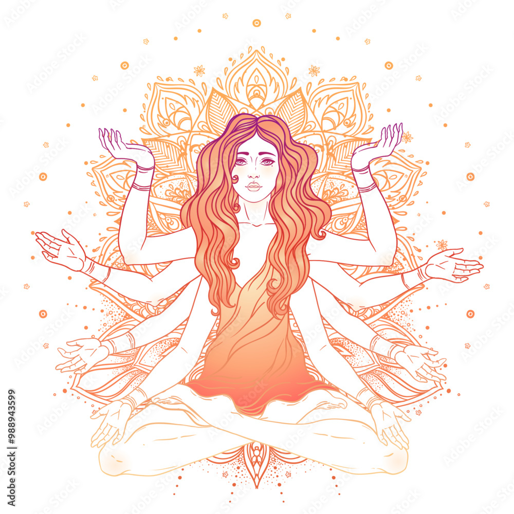 Beautiful woman with long hair and multiple hands sitting in lotus yoga position. Multi-armed goddess is Goddess Lakshmi, the Hindu goddess of wealth, fortune, and prosperity. Vector detailed isolated Beautiful woman with long hair and multiple hands sitting in lotus yoga position. Multi-armed goddess is Goddess Lakshmi, the Hindu goddess of wealth, fortune, and prosperity. Vector detailed isolated