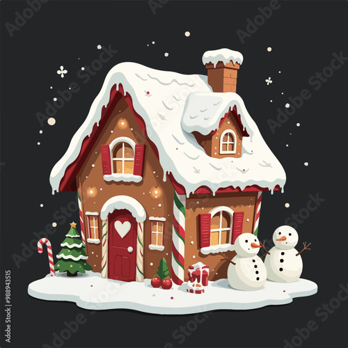 Festive gingerbread house with snow