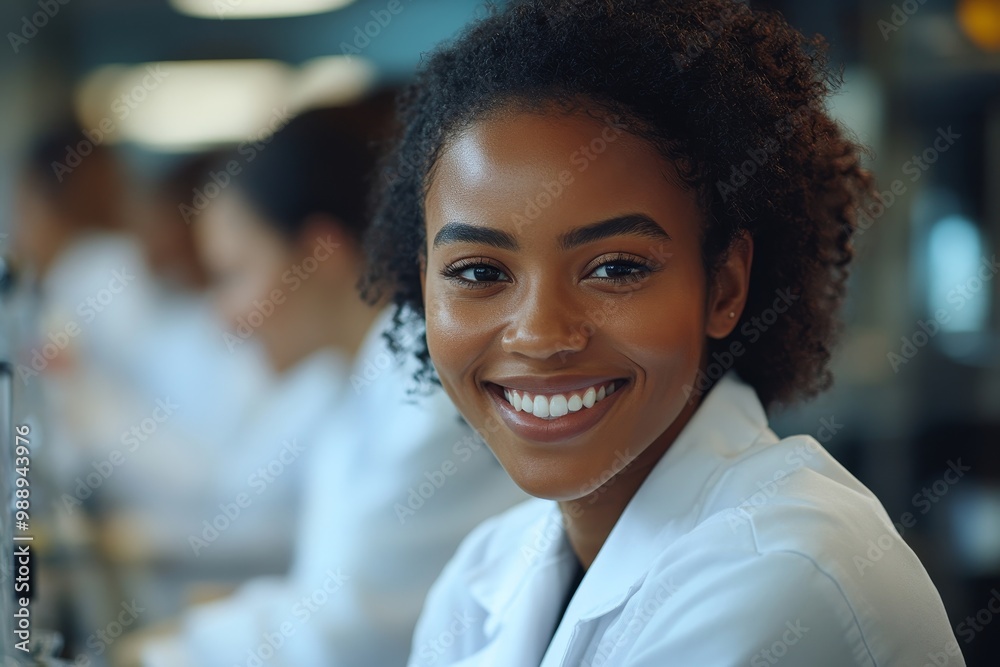 Happy black biochemist working with her colleagues in lab and looking at camera, Generative AI Happy black biochemist working with her colleagues in lab and looking at camera, Generative AI
