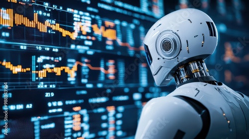 Robot analyzing data on digital screen with graphs and metrics.