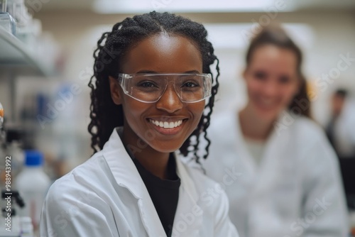 Happy black biochemist working with her colleagues in lab and looking at camera, Generative AI photo