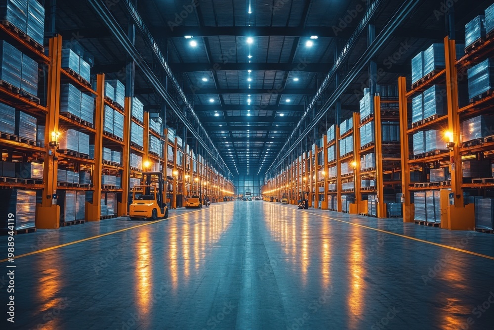 Industrial Warehouse Interior with Forklifts and Storage Shelves Industrial Warehouse Interior with Forklifts and Storage Shelves