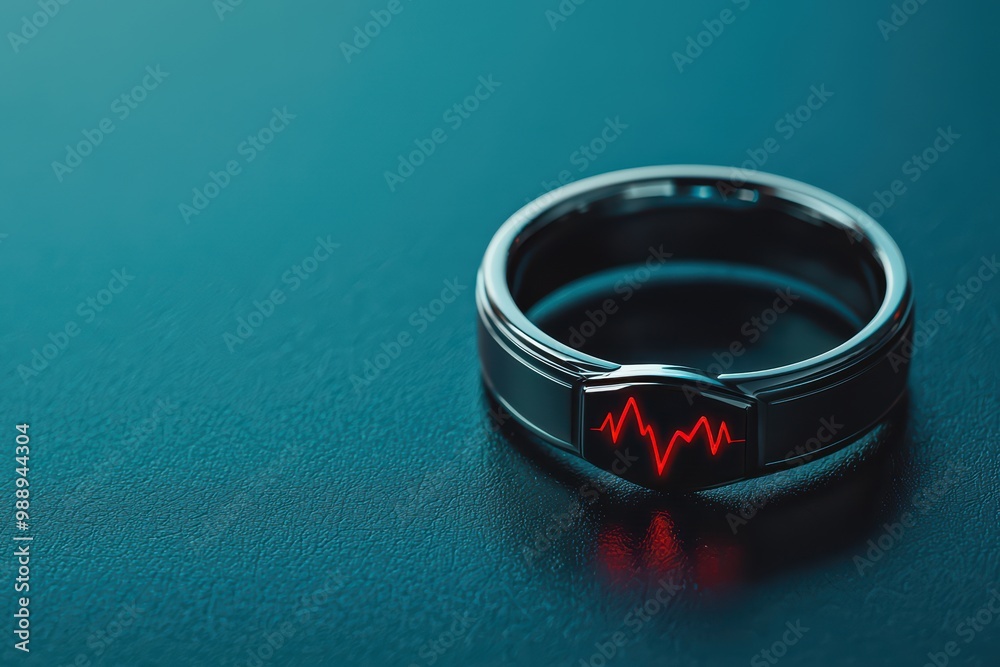 Smart ring with heartbeat monitor design on a blue background. Smart ring with heartbeat monitor design on a blue background.