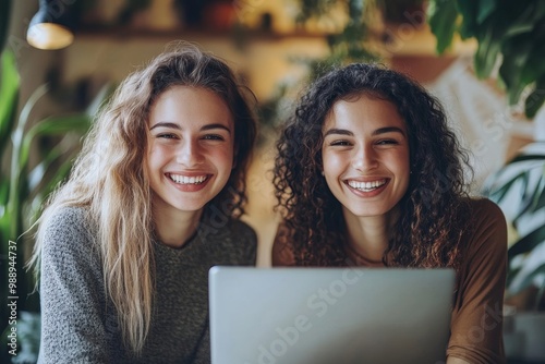 Happy female colleagues cooperating while working on laptop in office, Generative AI