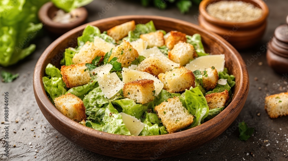Caesar salad: Classic salad with romaine lettuce, croutons, parmesan, and Caesar dressing. Caesar salad: Classic salad with romaine lettuce, croutons, parmesan, and Caesar dressing.