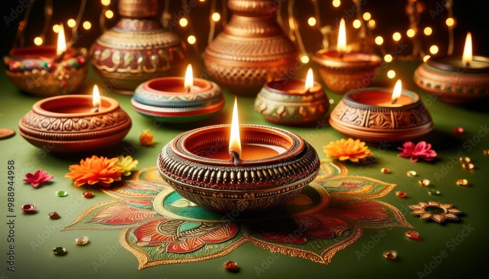 A vibrant display of lit clay diyas surrounded by colourful patterns and flower petals, symbolizing the celebration of diwali A vibrant display of lit clay diyas surrounded by colourful patterns and flower petals, symbolizing the celebration of diwali