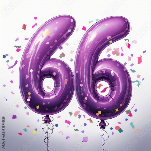 Purple birthday / anniversary balloon, number 66, white background with confetti photo