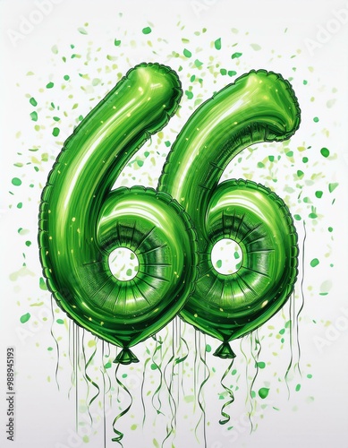 Green birthday / anniversary balloon, number 66, white background with confetti photo