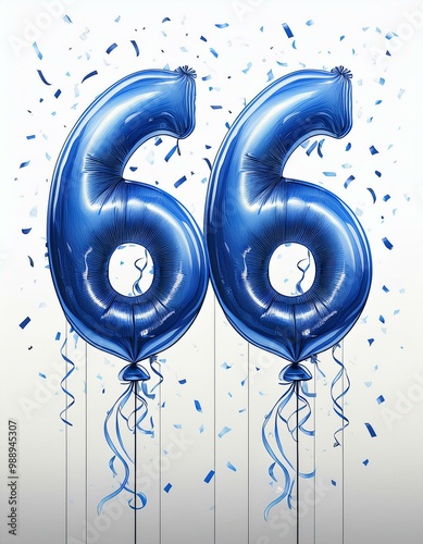 Blue birthday / anniversary balloon, number 66, white background with confetti photo