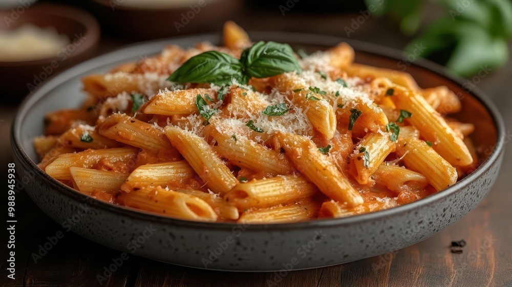 artfully plated penne alla vodka pasta dish with creamy pink sauce garnished with fresh basil and grated parmesan set against a clean white background artfully plated penne alla vodka pasta dish with creamy pink sauce garnished with fresh basil and grated parmesan set against a clean white background
