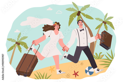 Honeymoon for newlyweds running along beach with luggage in hands, hurrying to swim in sea
