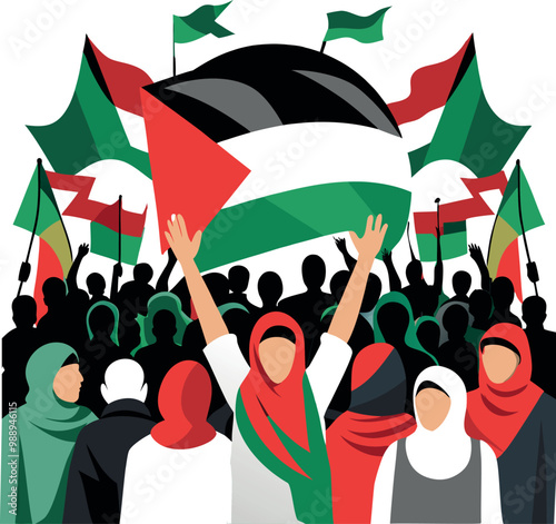 Cartoon Vector of Palestine Freedom Demonstration Protesters Waving Flags in Peaceful March