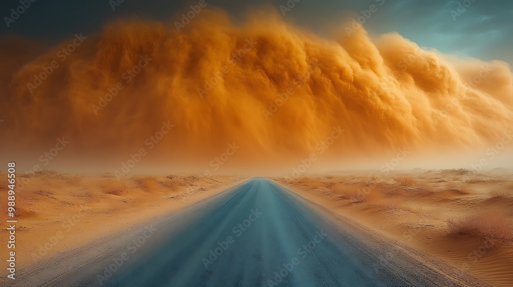 A dusty road stretches into the distance, leading towards a massive dust storm that engulfs the horizon. A dusty road stretches into the distance, leading towards a massive dust storm that engulfs the horizon.