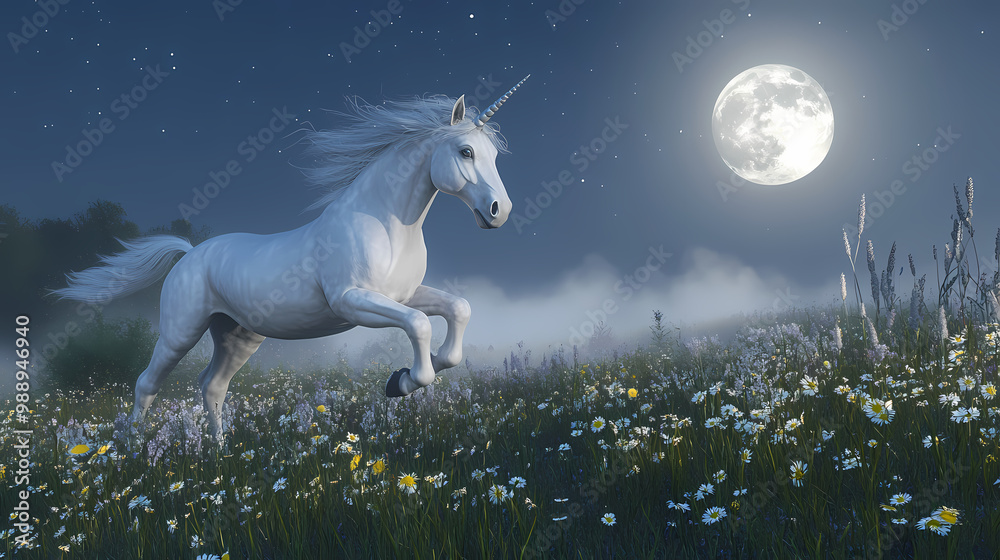 Generative AI, Moonlit Unicorn Galloping Through a Misty Meadow Generative AI, Moonlit Unicorn Galloping Through a Misty Meadow