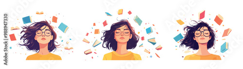 Book lover dreaming girl cartoon vector concepts. Close up glasses young woman closed eyes face portrait avatars flying folios tome pages around student nerd character isolated illustrations