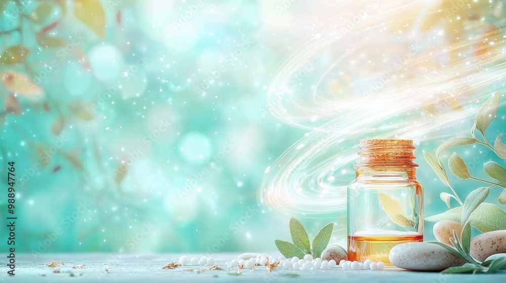 Close-up of a homeopathic tincture bottle with radiant energy swirling around it Close-up of a homeopathic tincture bottle with radiant energy swirling around it
