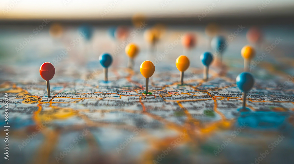 Map with Colorful Pins Marking Various Locations Map with Colorful Pins Marking Various Locations