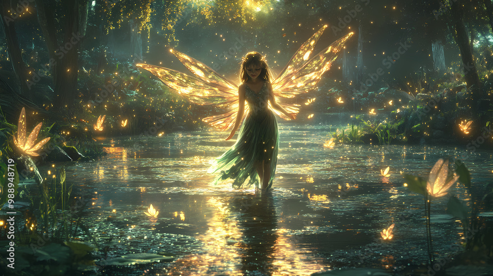 Generative AI, Magical Faerie with Softly Glowing Wings Above a Pond Generative AI, Magical Faerie with Softly Glowing Wings Above a Pond