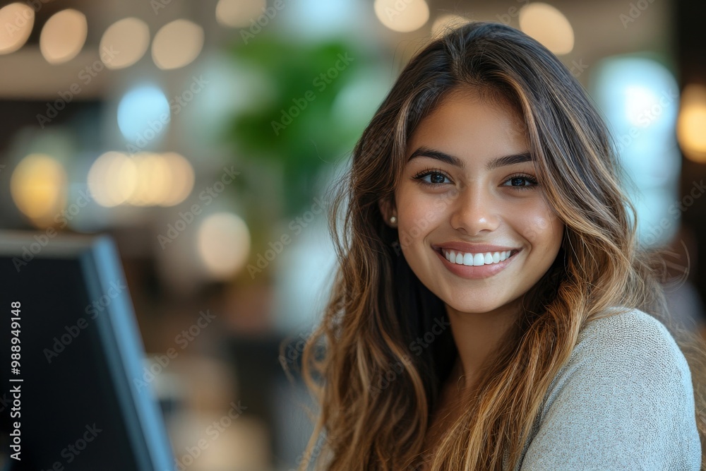 Happy female receptionist working at hotel front desk, Generative AI