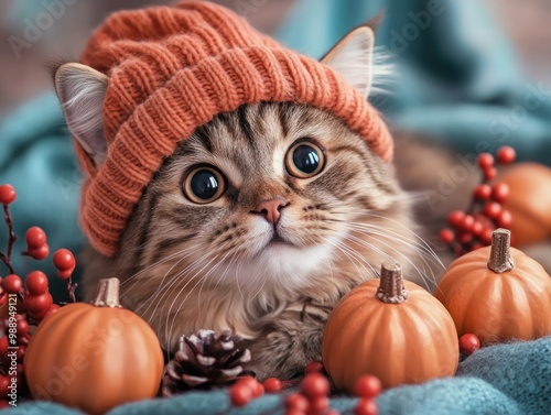 Adorable Cat Wearing Tiny Pumpkin Hat Surrounded by Festive Fall Decor, Perfect for Thanksgiving and Halloween Greetings photo