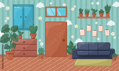 Cartoon vector living room interior with blue sofa, door, chest of drawers, furniture, shelves, window, home flowers, houseplants and brown parquet. Gamedev flat vector illustration for kids, game