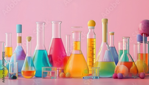 An illustration of glass beakers and flasks filled with colorful liquids