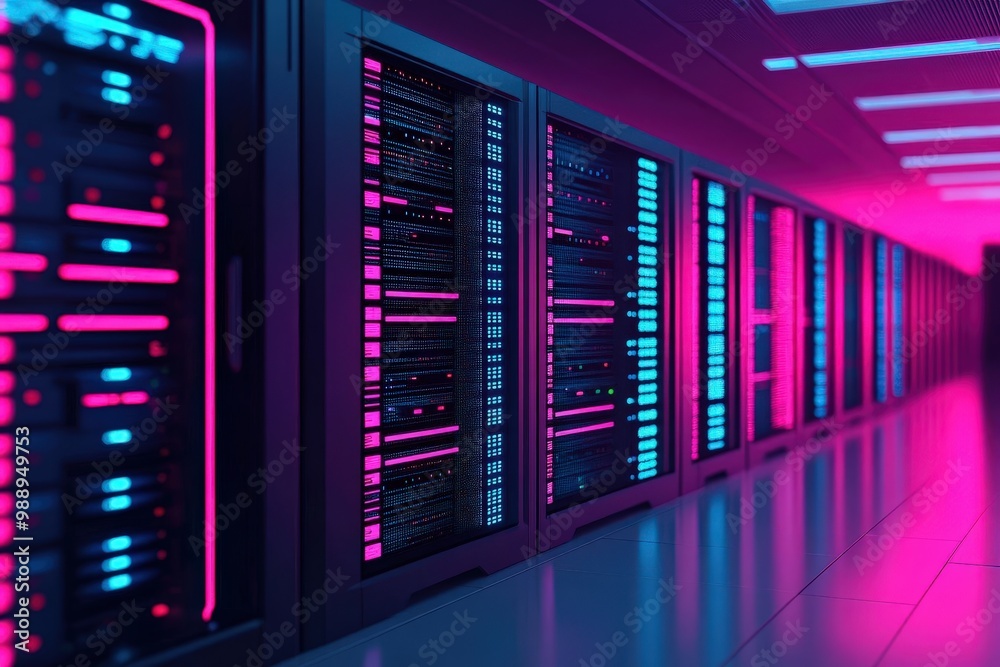 A modern data center featuring illuminated server racks in vibrant pink and blue hues, showcasing advanced technology and a high-tech ambiance. A modern data center featuring illuminated server racks in vibrant pink and blue hues, showcasing advanced technology and a high-tech ambiance.
