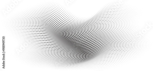 Flowing Wave Dot Halftone Pattern: Curve Gradient Shape on Transparent Background. Suitable for AI, Tech, Network, Digital, Science, and Technology Themes.