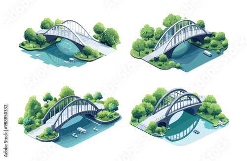 Bridges Isometric vector set. Pillars spans over river canal overpass archways, road highway suspension viaduct architecture construction illustration isolated on white background