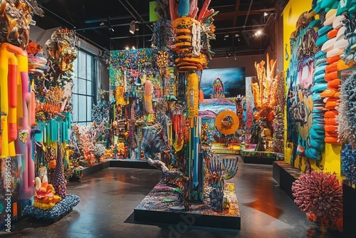 Maximalistic art installation, dense composition, complex arrangement, materials, colors photo