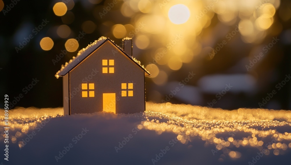 Cozy Winter Home: A miniature house with glowing windows stands in the snow, bathed in the warm glow of the setting sun, evoking a sense of warmth and comfort. Cozy Winter Home: A miniature house with glowing windows stands in the snow, bathed in the warm glow of the setting sun, evoking a sense of warmth and comfort.