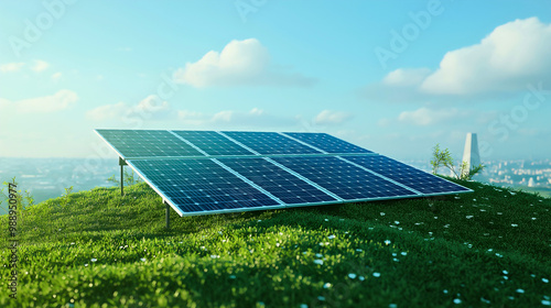Classic solar panels installed near the city to power the surrounding neighborhoods, contributing to ecological change for the betterment of the planet.