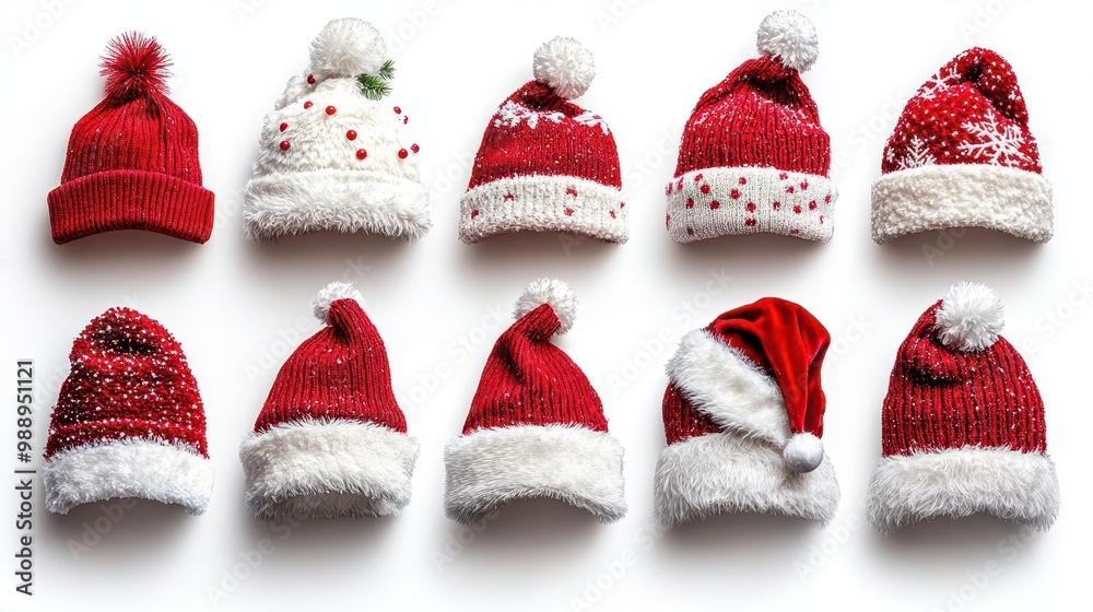 assorted santa hats collection varied styles and textures festive red and white holiday accessories cheerful christmas theme