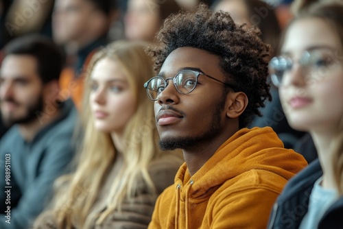 Multiracial group of university friends studying in lecture hall at campus, Generative AI