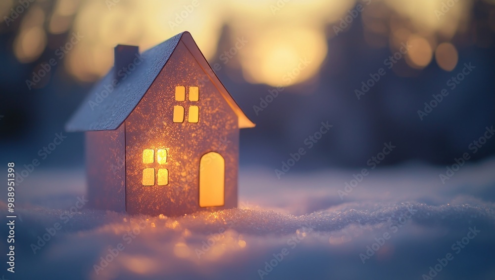 Cozy Winter Home: A miniature house with glowing windows stands in the snow, bathed in the warm glow of the setting sun, evoking a sense of warmth and comfort. Cozy Winter Home: A miniature house with glowing windows stands in the snow, bathed in the warm glow of the setting sun, evoking a sense of warmth and comfort.
