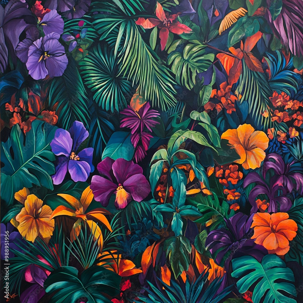 Vibrant tropical flower and leaf arrangement Vibrant tropical flower and leaf arrangement