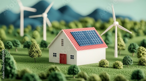 Renewable energy sources, solar and wind hybrid farm, 3D illustration