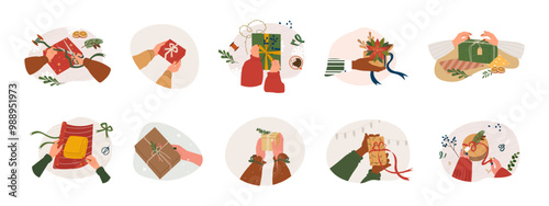 Set of hands in cozy sweater holding christmas gift with red bow vector isolated illustration. Stylish female and male hands opening, wrapping present, preparing gift for Christmas, new year souvenirs
