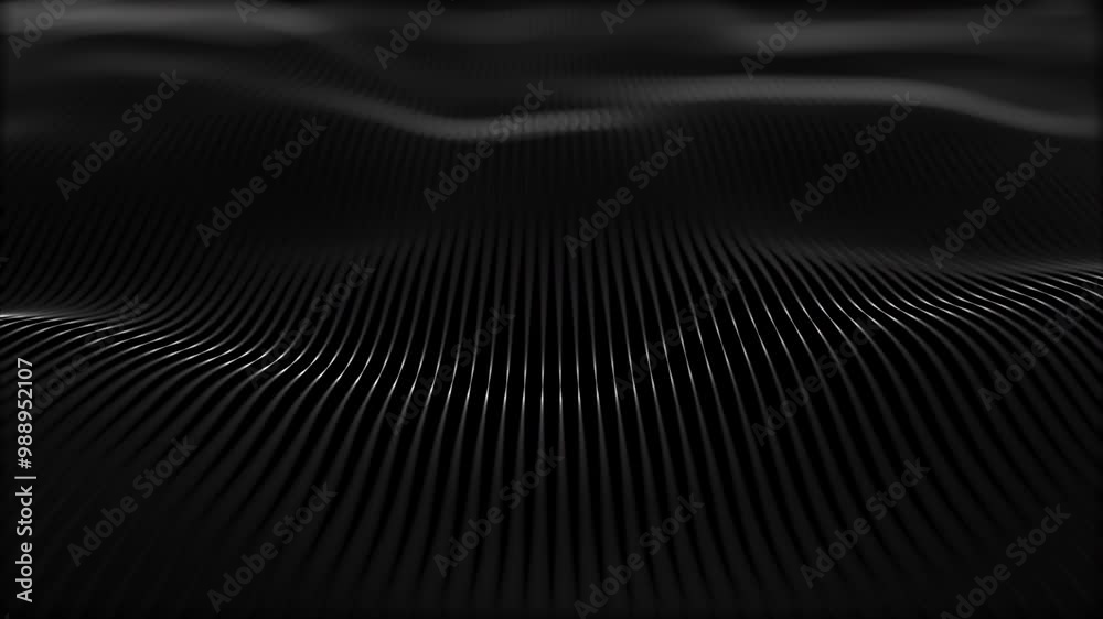 A smooth, abstract black surface with flowing, curved lines resembling waves, creating a modern and futuristic design. Animation 4k, 3d rendering.