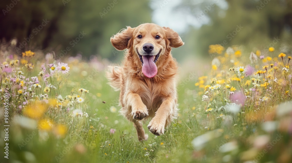Golden Retriever Running Through a Field of Flowers Golden Retriever Running Through a Field of Flowers