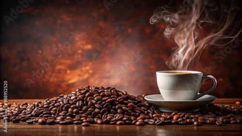 A steaming cup of coffee surrounded by smoke and coffee beans on a reddish brown background
