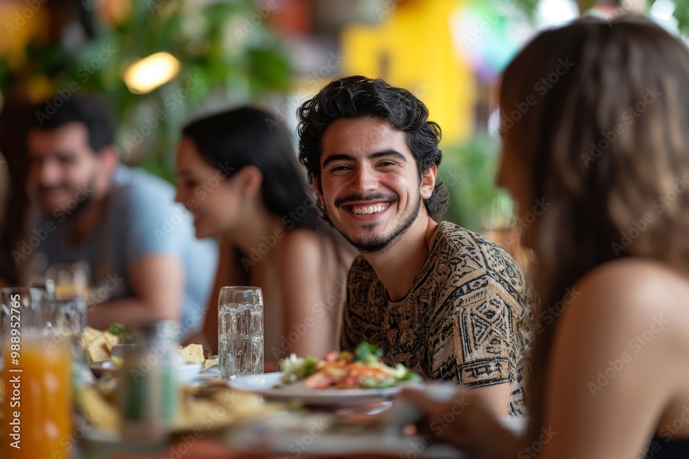 Young happy people having lunch together in Mexican restaurant, Generative AI