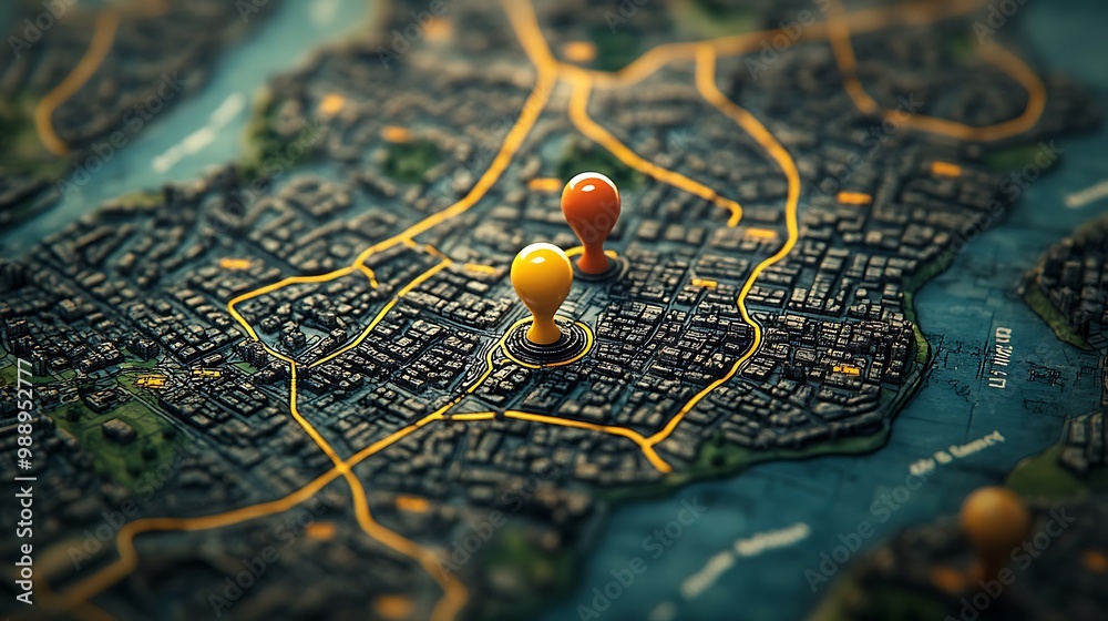 A close-up shot of a folded map with vibrant pins placed precisely on key locations, with subtle lighting enhancing the texture of the paper