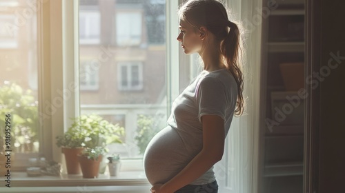 Side view of a pregnant teenager standing by the window Free Download Side view of a pregnant teenager standing by the window - GFXLoad