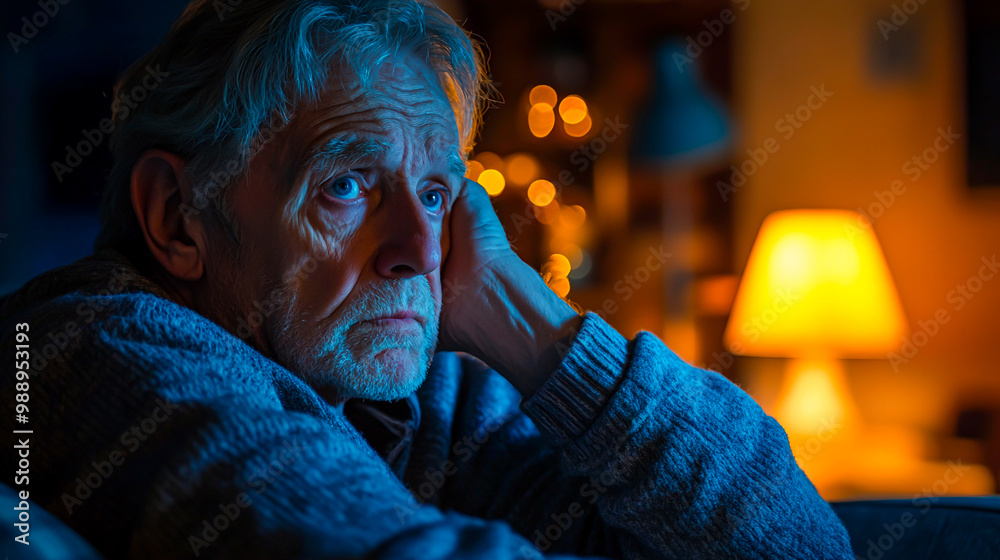 Senior Man Sitting Alone on Couch in Dim Light Senior Man Sitting Alone on Couch in Dim Light