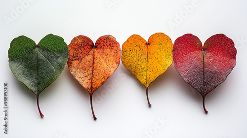A photograph with heart shaped leaves with different colors. photo