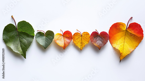 A photograph with heart shaped leaves with different colors. photo