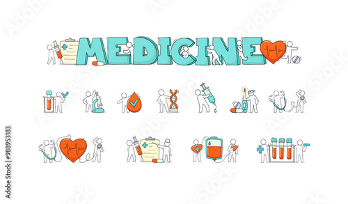 Vector hand drawn icons set - Medical report, blood donation, laboratory tests, heart, patient. Medicine and science collection