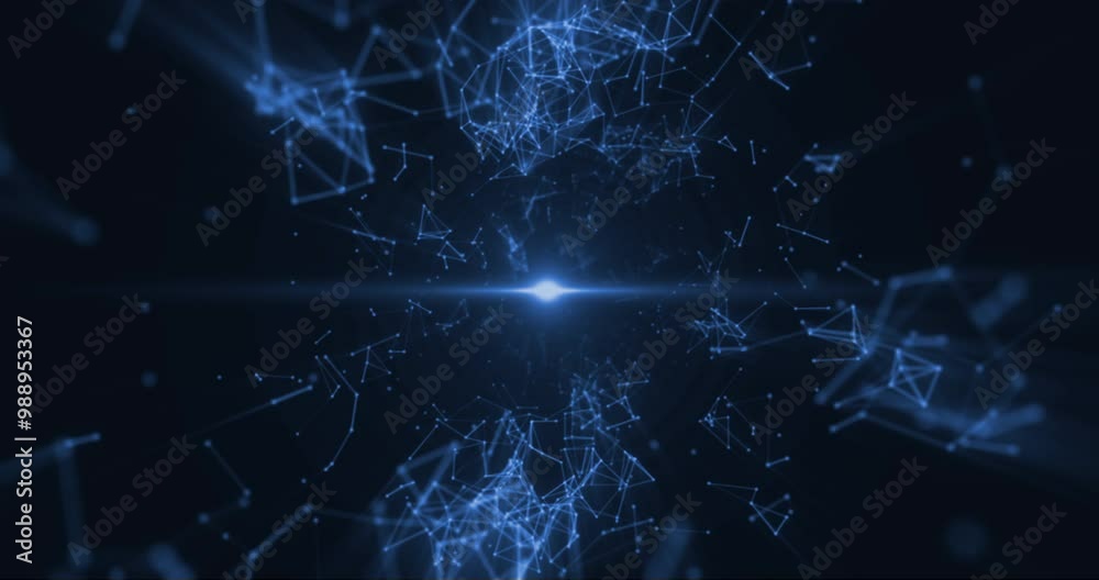 blue abstract background with motion plexus of dots and lines, technology with white light that pulse in center, social networks, communication,business, surface made of triangles, futuristic network